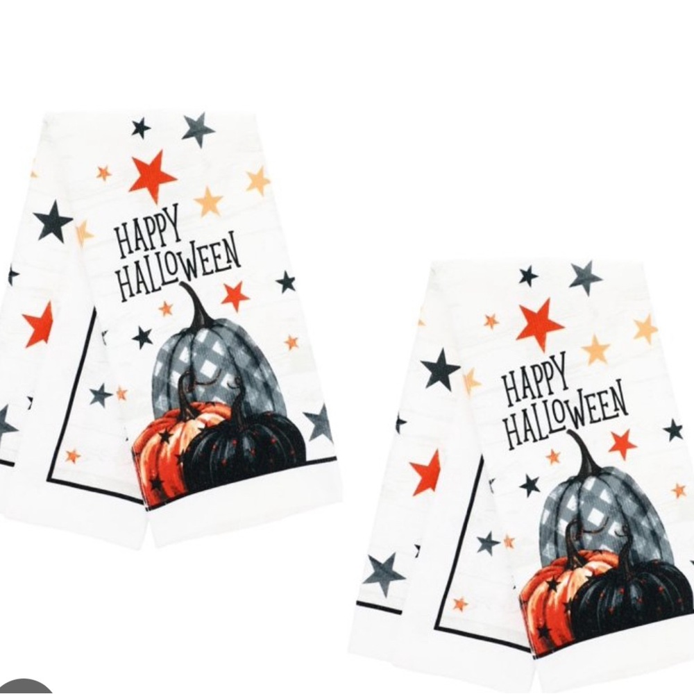 Halloween themed Hand Towels set of 2 plaid pumpkins & stars